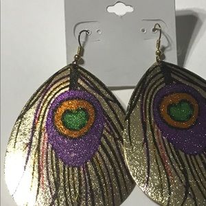 Arli gold metallic peacock feather earrings